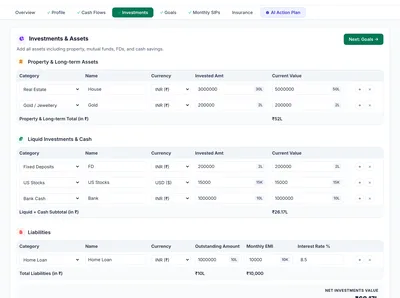 Investments tab — net worth tracker, asset allocation, and loan overview
